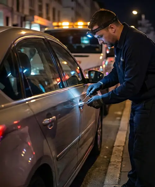 Chaveiro profissional realizando a abertura técnica de um veículo em atendimento de emergência noturna.