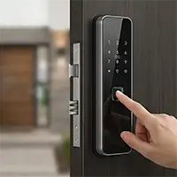 Detalhe de uma fechadura digital moderna sendo utilizada, serviço de instalação e configuração de segurança eletrônica.