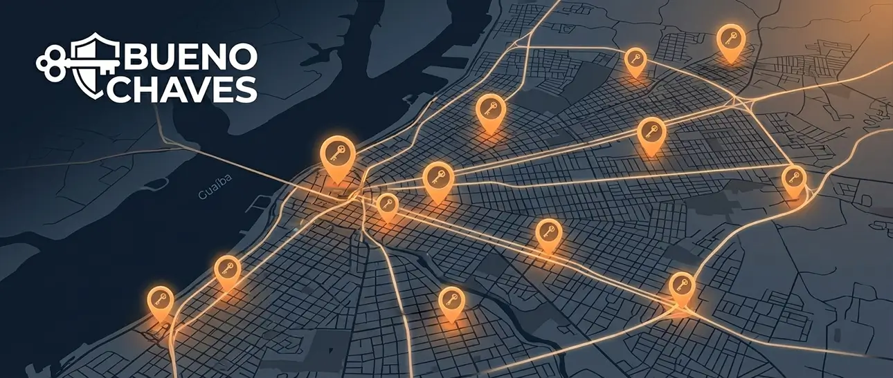 Mapa estilizado de Porto Alegre com pinos laranjas indicando as zonas de atendimento rápido da Bueno Chaves no Centro, Zona Sul, Zona Norte e Moinhos de Vento.