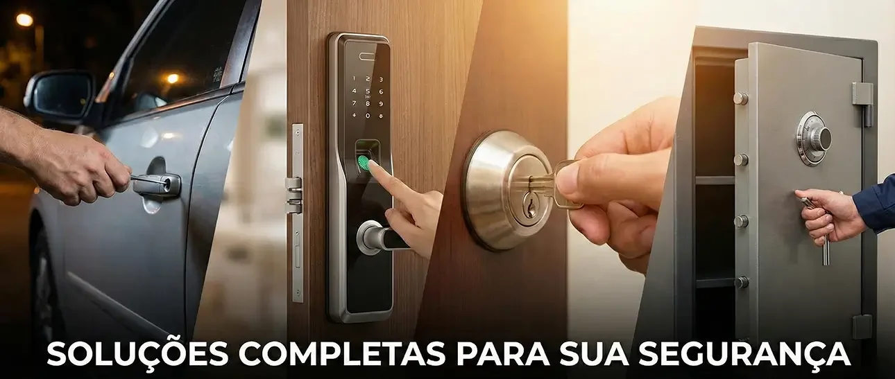 Montagem dos serviços da Bueno Chaves: técnico realizando abertura de porta automotiva, uso de fechadura digital biométrica, abertura de porta com chave tradicional e desbloqueio profissional de cofre.
