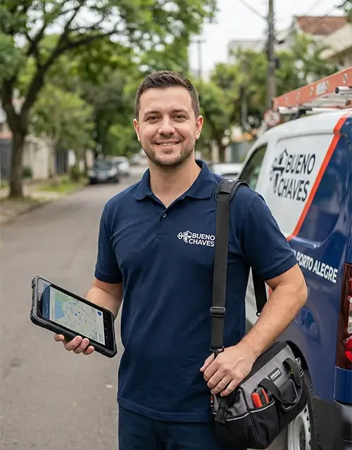 Técnico chaveiro profissional da Bueno Chaves uniformizado, sorrindo com um tablet e bolsa de ferramentas, ao lado da van de serviço plotada em uma rua de Porto Alegre. Transmite confiança e prontidão.
